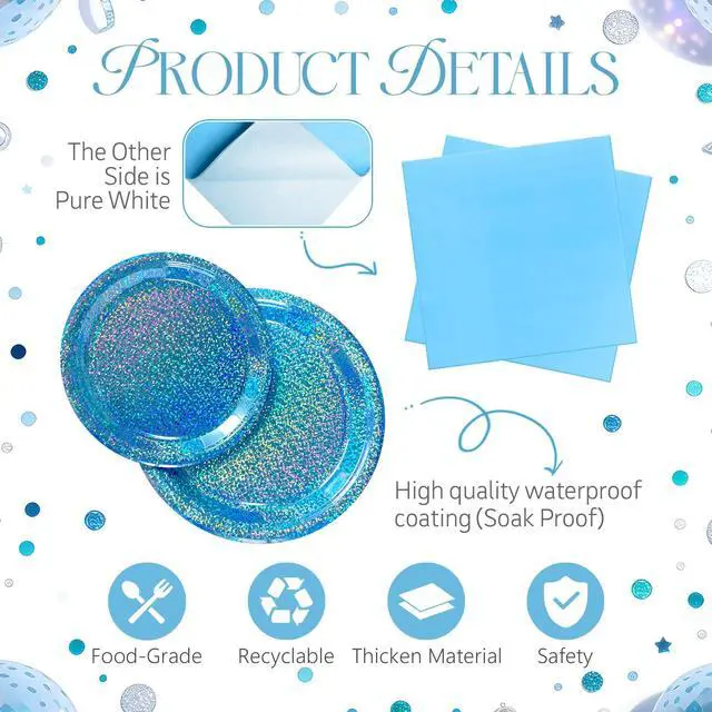 Alt view image 3 of 7 - Light Blue Iridescent Party Plates & Napkins Set, 75pcs Disposable Tableware with 9" Dinner Plates, 7" Dessert Plates & Napkins, Holographic Dot Design for Baby Shower, Summer Party, Birthday Décor
