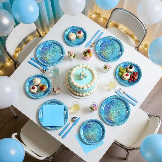Alt view image 4 of 7 - Light Blue Iridescent Party Plates & Napkins Set, 75pcs Disposable Tableware with 9" Dinner Plates, 7" Dessert Plates & Napkins, Holographic Dot Design for Baby Shower, Summer Party, Birthday Décor