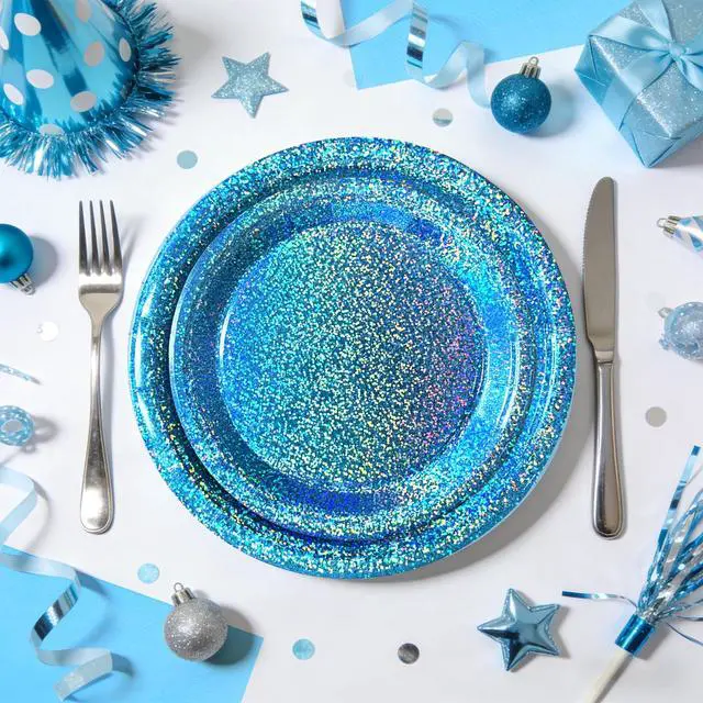 Alt view image 5 of 7 - Light Blue Iridescent Party Plates & Napkins Set, 75pcs Disposable Tableware with 9" Dinner Plates, 7" Dessert Plates & Napkins, Holographic Dot Design for Baby Shower, Summer Party, Birthday Décor