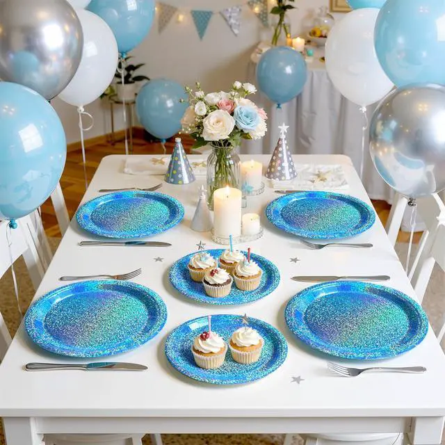 Alt view image 6 of 7 - Light Blue Iridescent Party Plates & Napkins Set, 75pcs Disposable Tableware with 9" Dinner Plates, 7" Dessert Plates & Napkins, Holographic Dot Design for Baby Shower, Summer Party, Birthday Décor