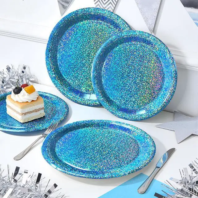 Alt view image 7 of 7 - Light Blue Iridescent Party Plates & Napkins Set, 75pcs Disposable Tableware with 9" Dinner Plates, 7" Dessert Plates & Napkins, Holographic Dot Design for Baby Shower, Summer Party, Birthday Décor