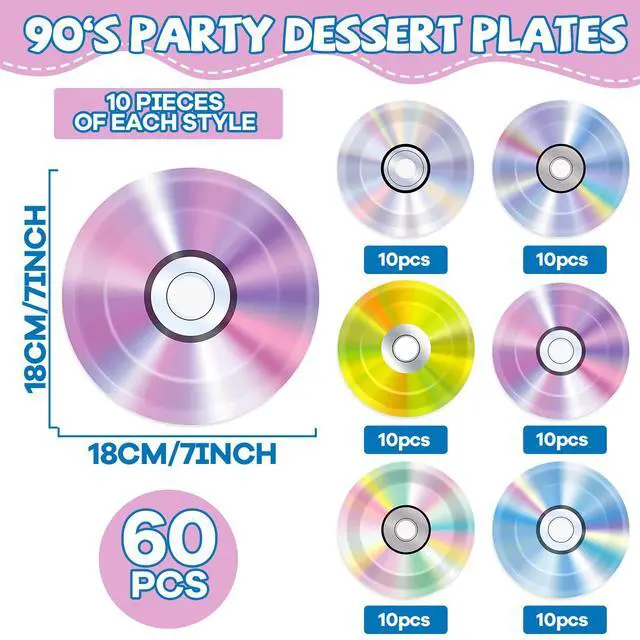 Alt view image 2 of 7 - 60Pcs 90's Party Paper Plates for Music Party Decorations 7In Retro CD Music Theme Dessert Plates Disposable Tableware Dinnerware Set for 1990s 2000s Throwback Birthday Baby Shower Party Supplies