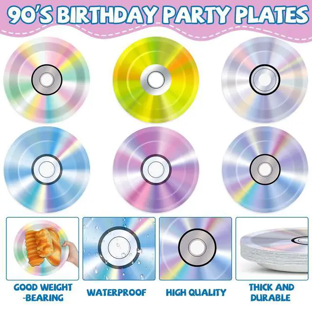 Alt view image 3 of 7 - 60Pcs 90's Party Paper Plates for Music Party Decorations 7In Retro CD Music Theme Dessert Plates Disposable Tableware Dinnerware Set for 1990s 2000s Throwback Birthday Baby Shower Party Supplies