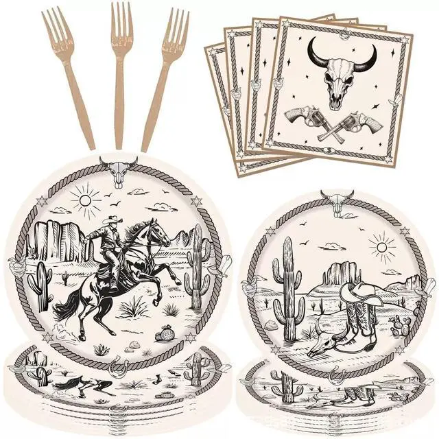 Main image of 96Pcs Cowboy Party Decorations Set Disposable West Themed Party Tableware