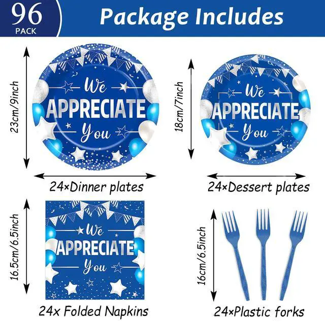 Alt view image 2 of 7 - 96pcs Blue Silver We Appreciate You Plates and Napkins Set for Thanksgiving Party Decorations Thank You Dinnerware Tableware for 24 Guests Employee Teacher Graduate Pastor Appreciation Party Supplies