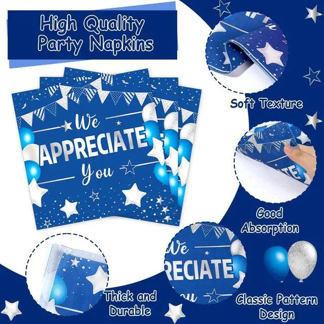 Alt view image 4 of 7 - 96pcs Blue Silver We Appreciate You Plates and Napkins Set for Thanksgiving Party Decorations Thank You Dinnerware Tableware for 24 Guests Employee Teacher Graduate Pastor Appreciation Party Supplies