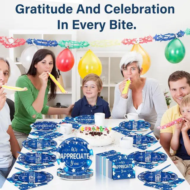 Alt view image 6 of 7 - 96pcs Blue Silver We Appreciate You Plates and Napkins Set for Thanksgiving Party Decorations Thank You Dinnerware Tableware for 24 Guests Employee Teacher Graduate Pastor Appreciation Party Supplies