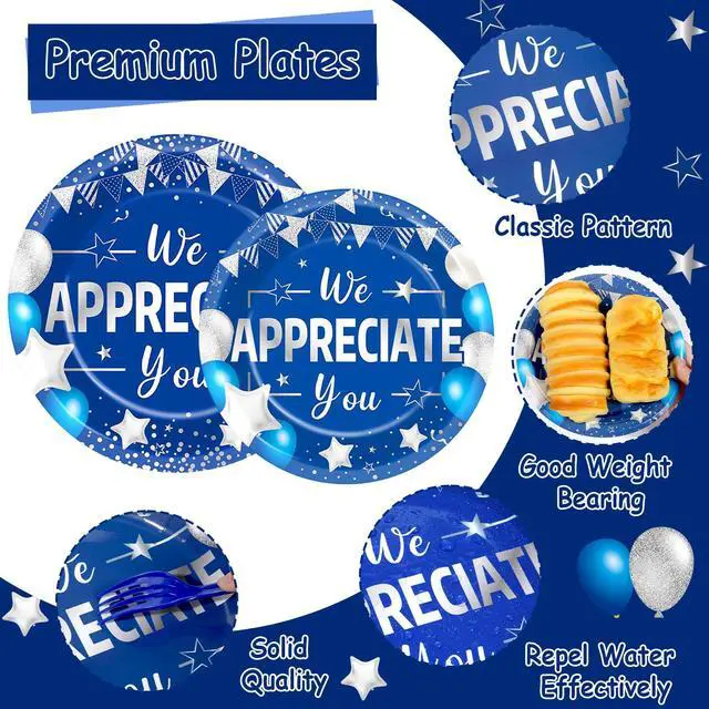 Alt view image 3 of 7 - 96pcs Blue Silver We Appreciate You Plates and Napkins Set for Thanksgiving Party Decorations Thank You Dinnerware Tableware for 24 Guests Employee Teacher Graduate Pastor Appreciation Party Supplies