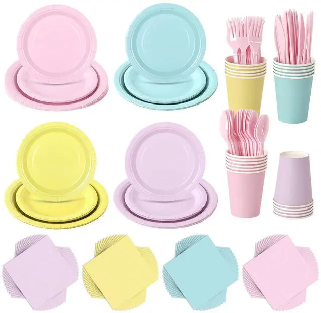 Main image of 200 Pcs Pastel Disposable Plates and Napkins Tableware Set for 25 Guests