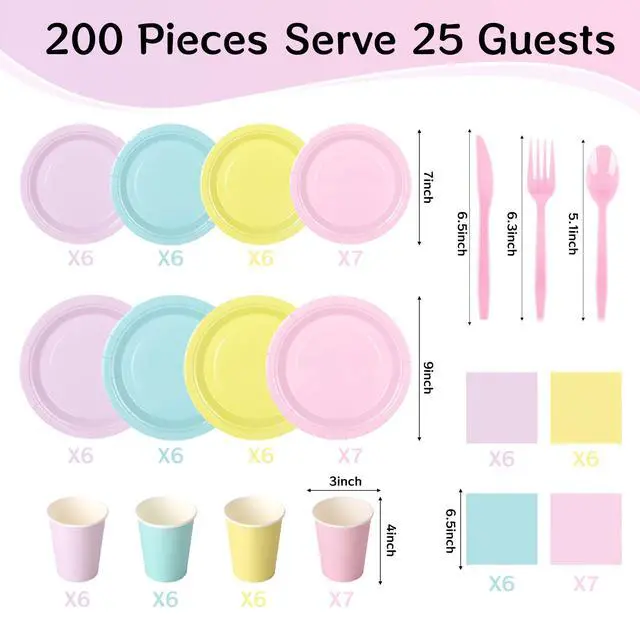 Alt view image 2 of 7 - 200 Pcs Pastel Disposable Plates and Napkins Tableware Set for 25 Guests