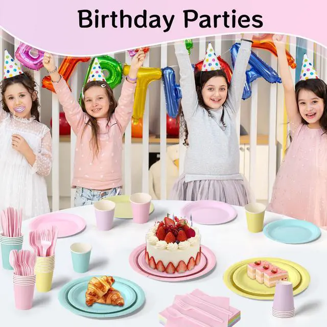 Alt view image 4 of 7 - 200 Pcs Pastel Disposable Plates and Napkins Tableware Set for 25 Guests