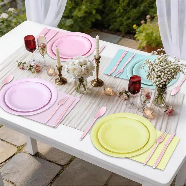 Alt view image 5 of 7 - 200 Pcs Pastel Disposable Plates and Napkins Tableware Set for 25 Guests