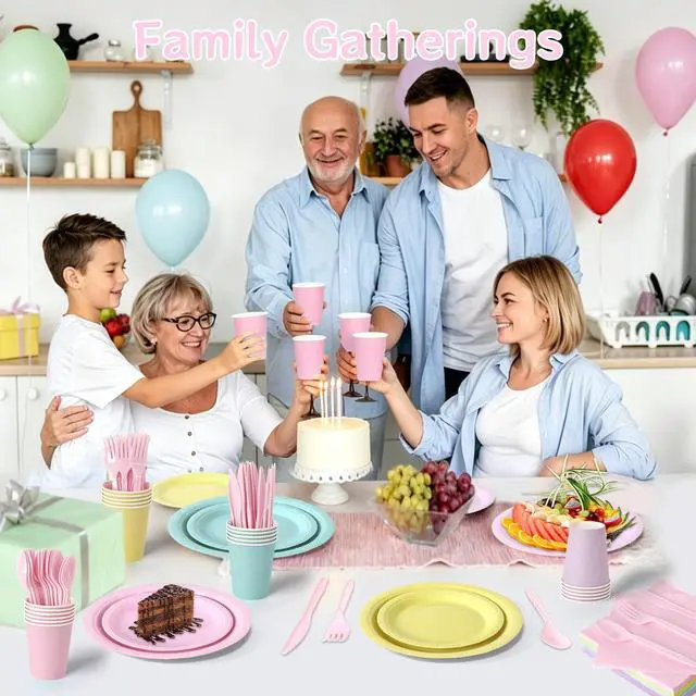 Alt view image 6 of 7 - 200 Pcs Pastel Disposable Plates and Napkins Tableware Set for 25 Guests