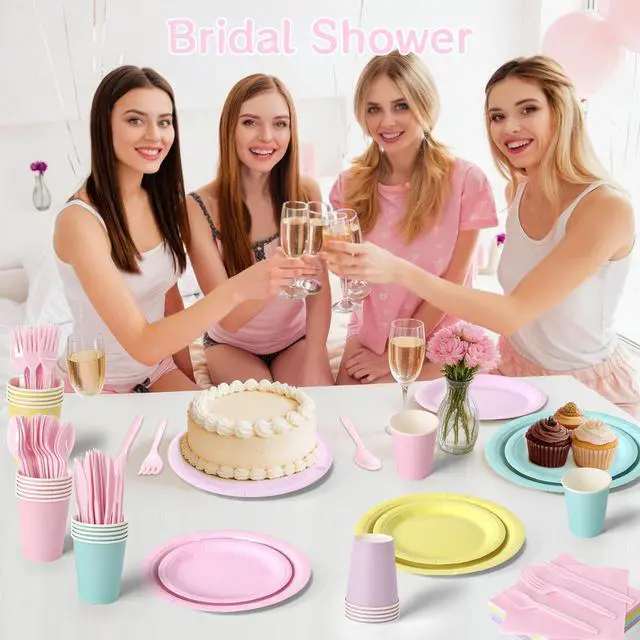 Alt view image 7 of 7 - 200 Pcs Pastel Disposable Plates and Napkins Tableware Set for 25 Guests
