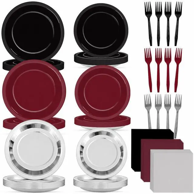 Main image of 96Pcs Maroon Black Silver Plates and Napkins Party Supplies Maroon Theme Decorations Burgundy Black Metallic Silver Disposable Tableware Set for Graduation Prom Wedding Birthday Party Decorations