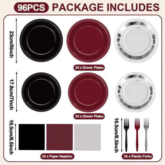 Alt view image 2 of 7 - 96Pcs Maroon Black Silver Plates and Napkins Party Supplies Maroon Theme Decorations Burgundy Black Metallic Silver Disposable Tableware Set for Graduation Prom Wedding Birthday Party Decorations