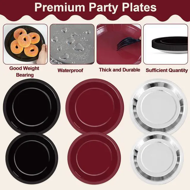 Alt view image 3 of 7 - 96Pcs Maroon Black Silver Plates and Napkins Party Supplies Maroon Theme Decorations Burgundy Black Metallic Silver Disposable Tableware Set for Graduation Prom Wedding Birthday Party Decorations