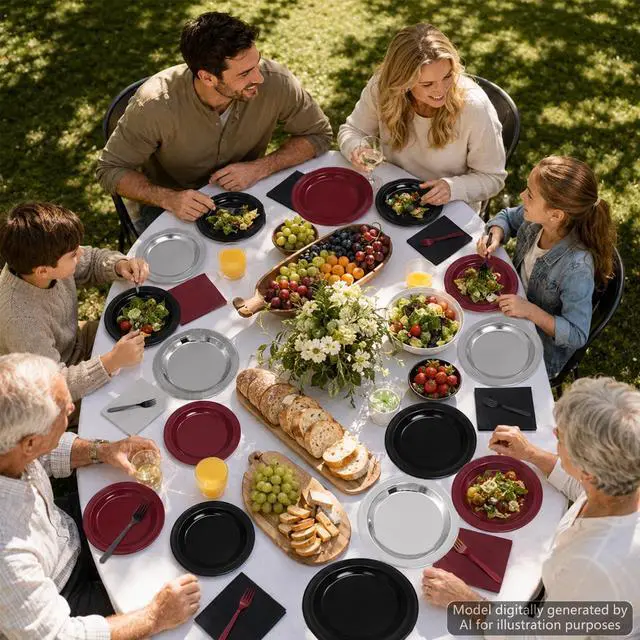 Alt view image 5 of 7 - 96Pcs Maroon Black Silver Plates and Napkins Party Supplies Maroon Theme Decorations Burgundy Black Metallic Silver Disposable Tableware Set for Graduation Prom Wedding Birthday Party Decorations