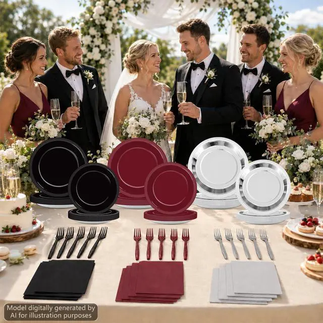 Alt view image 6 of 7 - 96Pcs Maroon Black Silver Plates and Napkins Party Supplies Maroon Theme Decorations Burgundy Black Metallic Silver Disposable Tableware Set for Graduation Prom Wedding Birthday Party Decorations