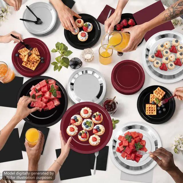 Alt view image 7 of 7 - 96Pcs Maroon Black Silver Plates and Napkins Party Supplies Maroon Theme Decorations Burgundy Black Metallic Silver Disposable Tableware Set for Graduation Prom Wedding Birthday Party Decorations