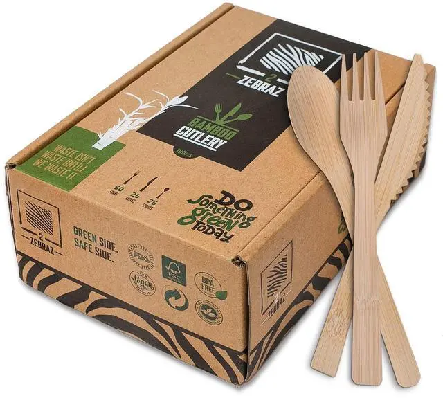 Main image of Bamboo Cutlery Set 100pc Disposable - 50 Fork 25 Knife 25 Spoon