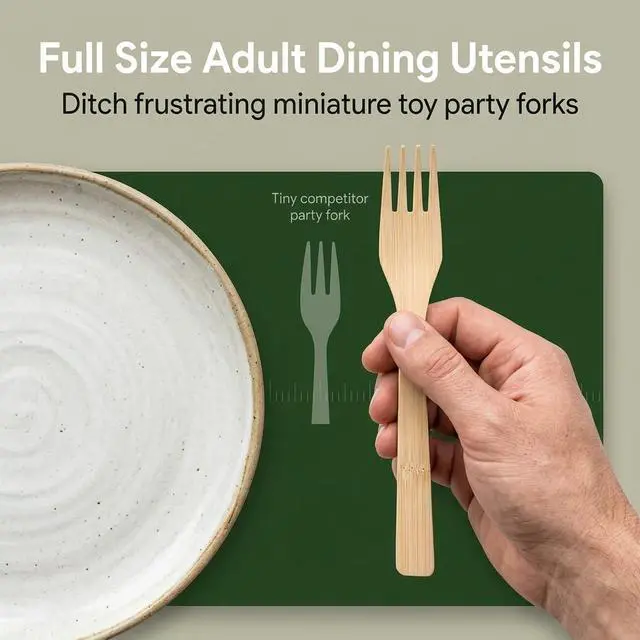 Alt view image 7 of 7 - Bamboo Cutlery Set 100pc Disposable - 50 Fork 25 Knife 25 Spoon