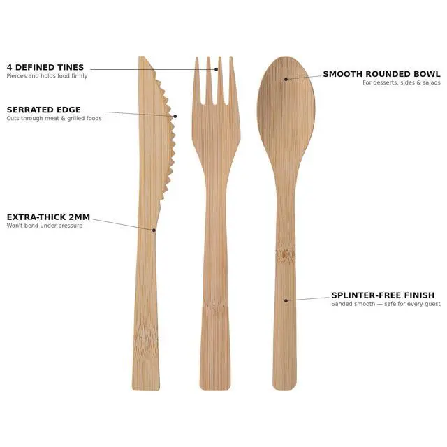 Alt view image 6 of 7 - Bamboo Cutlery Set 100pc Disposable - 50 Fork 25 Knife 25 Spoon