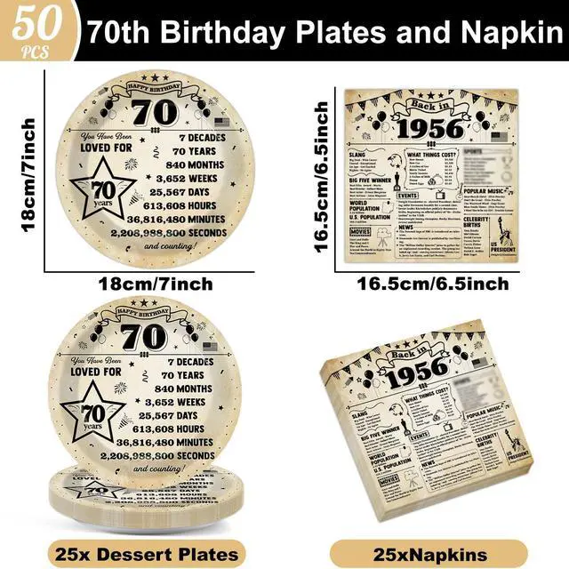 Alt view image 2 of 7 - 50pcs 70th Birthday Plates and Napkins 70 Year Old Birthday Party Decorations Vintage Back in 1956 Dessert Plates Vintage 1956 70th Theme Disposable Tableware Set for Men Women Party Supplies