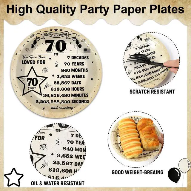 Alt view image 3 of 7 - 50pcs 70th Birthday Plates and Napkins 70 Year Old Birthday Party Decorations Vintage Back in 1956 Dessert Plates Vintage 1956 70th Theme Disposable Tableware Set for Men Women Party Supplies