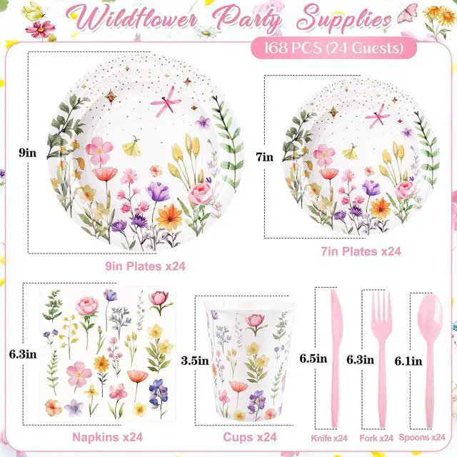 Alt view image 2 of 7 - 168PCS Wildflower Party Supplies, Pink Floral Themed Tableware Plates Set