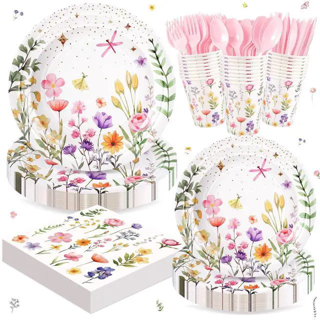 Main image of 168PCS Wildflower Party Supplies, Pink Floral Themed Tableware Plates Set