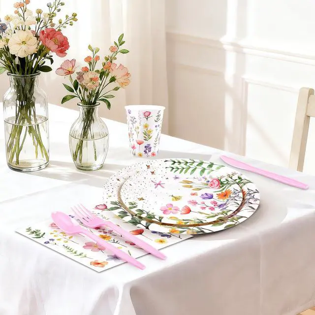 Alt view image 4 of 7 - 168PCS Wildflower Party Supplies, Pink Floral Themed Tableware Plates Set