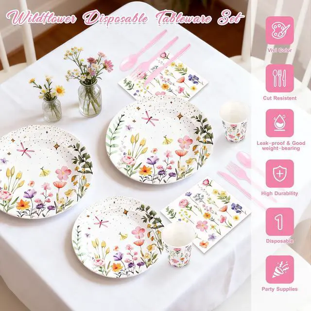 Alt view image 3 of 7 - 168PCS Wildflower Party Supplies, Pink Floral Themed Tableware Plates Set