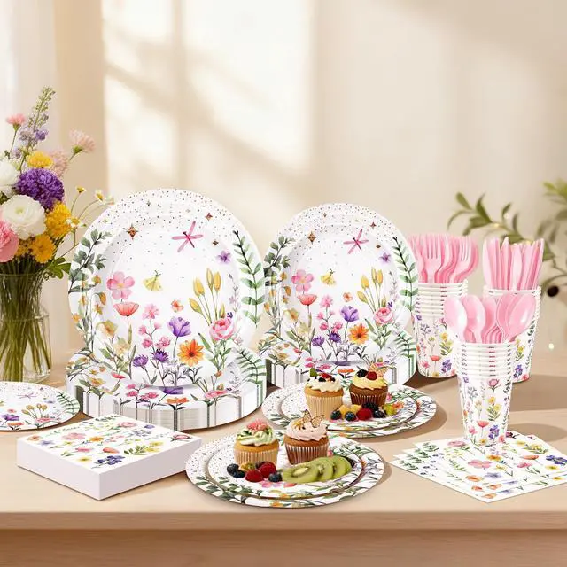 Alt view image 5 of 7 - 168PCS Wildflower Party Supplies, Pink Floral Themed Tableware Plates Set