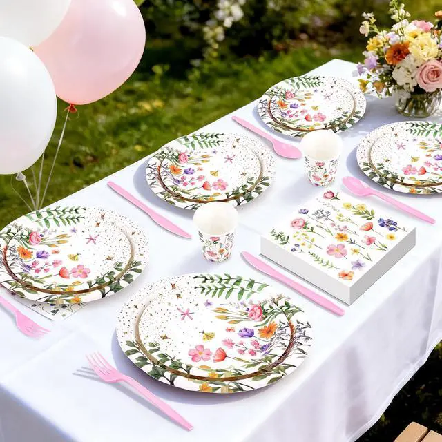 Alt view image 6 of 7 - 168PCS Wildflower Party Supplies, Pink Floral Themed Tableware Plates Set