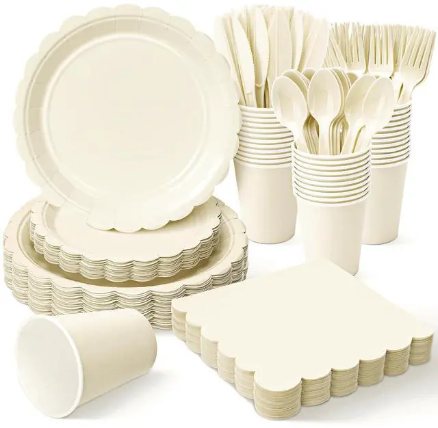 Main image of 175 Pcs Ivory Disposable Paper Plates and Napkins Set for 25, 9" Dinner Plates & 7" Dessert Plates, Tableware for Wedding, Bridal Shower, Anniversary, Party