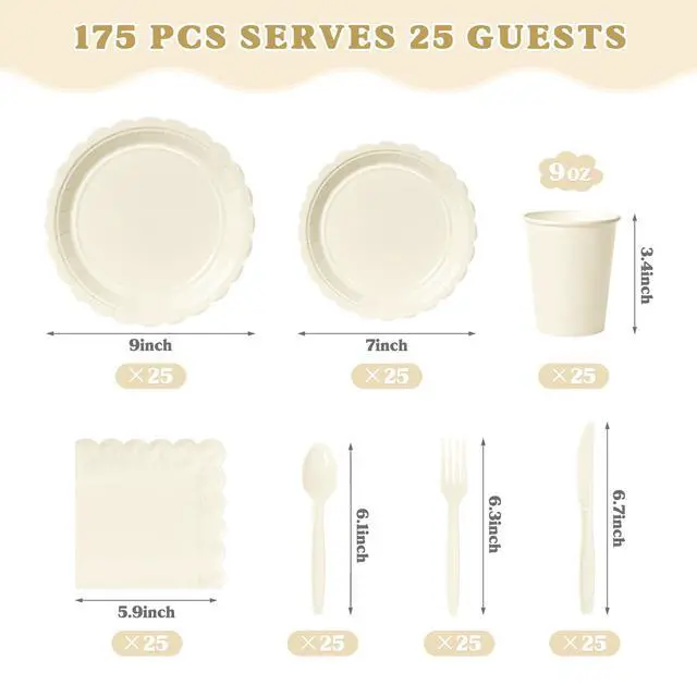 Alt view image 2 of 7 - 175 Pcs Ivory Disposable Paper Plates and Napkins Set for 25, 9" Dinner Plates & 7" Dessert Plates, Tableware for Wedding, Bridal Shower, Anniversary, Party