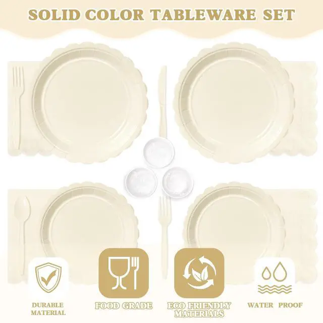 Alt view image 3 of 7 - 175 Pcs Ivory Disposable Paper Plates and Napkins Set for 25, 9" Dinner Plates & 7" Dessert Plates, Tableware for Wedding, Bridal Shower, Anniversary, Party