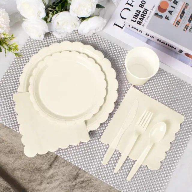 Alt view image 4 of 7 - 175 Pcs Ivory Disposable Paper Plates and Napkins Set for 25, 9" Dinner Plates & 7" Dessert Plates, Tableware for Wedding, Bridal Shower, Anniversary, Party