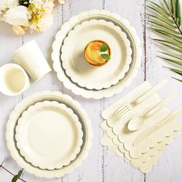 Alt view image 5 of 7 - 175 Pcs Ivory Disposable Paper Plates and Napkins Set for 25, 9" Dinner Plates & 7" Dessert Plates, Tableware for Wedding, Bridal Shower, Anniversary, Party