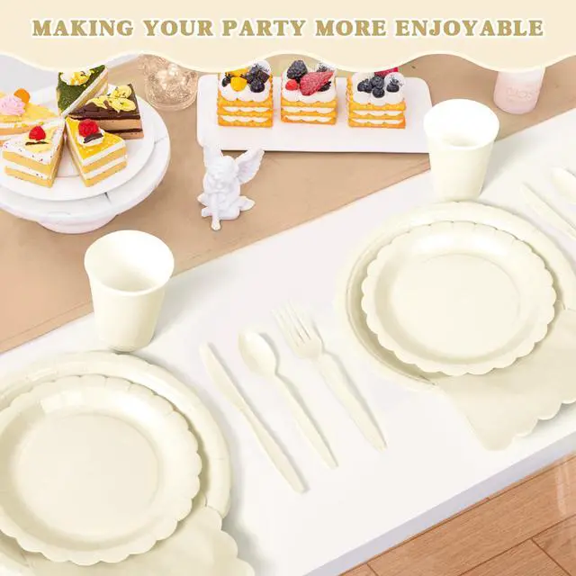 Alt view image 6 of 7 - 175 Pcs Ivory Disposable Paper Plates and Napkins Set for 25, 9" Dinner Plates & 7" Dessert Plates, Tableware for Wedding, Bridal Shower, Anniversary, Party