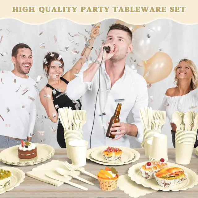 Alt view image 7 of 7 - 175 Pcs Ivory Disposable Paper Plates and Napkins Set for 25, 9" Dinner Plates & 7" Dessert Plates, Tableware for Wedding, Bridal Shower, Anniversary, Party