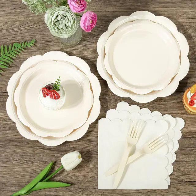 Alt view image 3 of 7 - 96 Pcs Ivory Paper Plates and Napkins Set Party Supplies Serve for 24 Guest