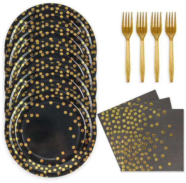 Main image of 48PCS Black and Gold Plates and Napkins Party Supplies, Gold Dot Disposable Paper Plates and Napkins with Forks Tableware Set for Birthday Wedding Retirement Graduation Party Decorations 16 Guests