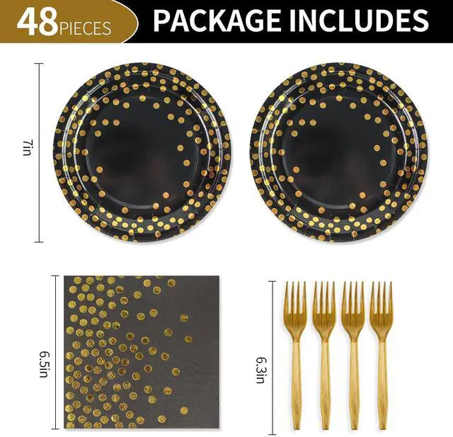 Alt view image 2 of 7 - 48PCS Black and Gold Plates and Napkins Party Supplies, Gold Dot Disposable Paper Plates and Napkins with Forks Tableware Set for Birthday Wedding Retirement Graduation Party Decorations 16 Guests