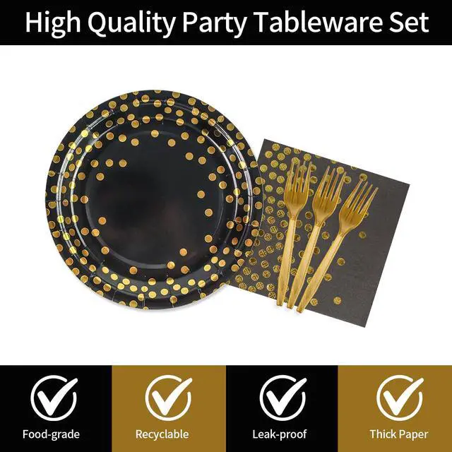 Alt view image 3 of 7 - 48PCS Black and Gold Plates and Napkins Party Supplies, Gold Dot Disposable Paper Plates and Napkins with Forks Tableware Set for Birthday Wedding Retirement Graduation Party Decorations 16 Guests