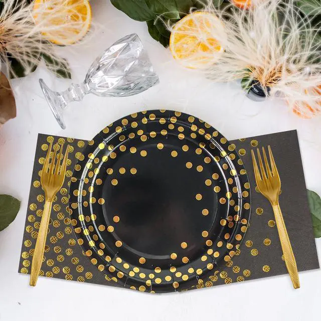 Alt view image 5 of 7 - 48PCS Black and Gold Plates and Napkins Party Supplies, Gold Dot Disposable Paper Plates and Napkins with Forks Tableware Set for Birthday Wedding Retirement Graduation Party Decorations 16 Guests
