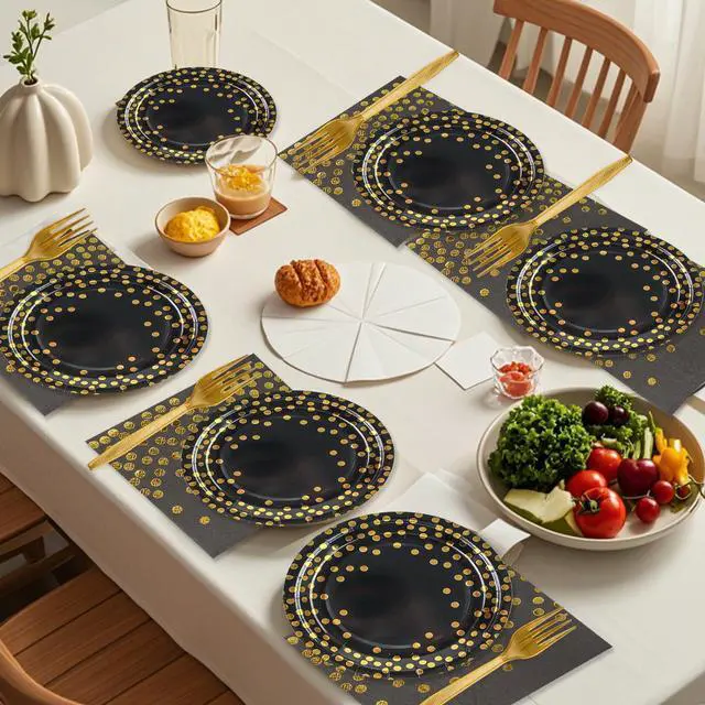 Alt view image 6 of 7 - 48PCS Black and Gold Plates and Napkins Party Supplies, Gold Dot Disposable Paper Plates and Napkins with Forks Tableware Set for Birthday Wedding Retirement Graduation Party Decorations 16 Guests