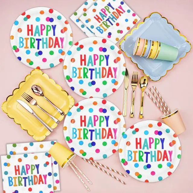 Alt view image 2 of 7 - 72PCS Happy Birthday Paper Plates and Napkins, Colorful Dot