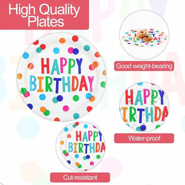 Alt view image 4 of 7 - 72PCS Happy Birthday Paper Plates and Napkins, Colorful Dot